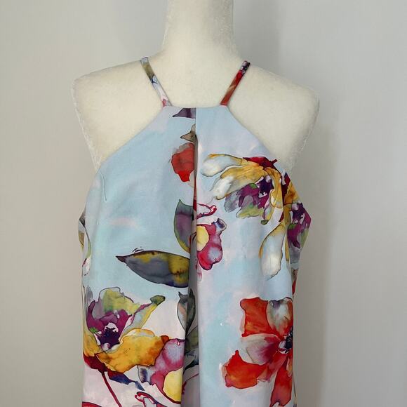 Trina Turk Blue Watercolor Floral Pinch Neck Halter Sleeveless Dress sz 12 - Picture 4 of 9